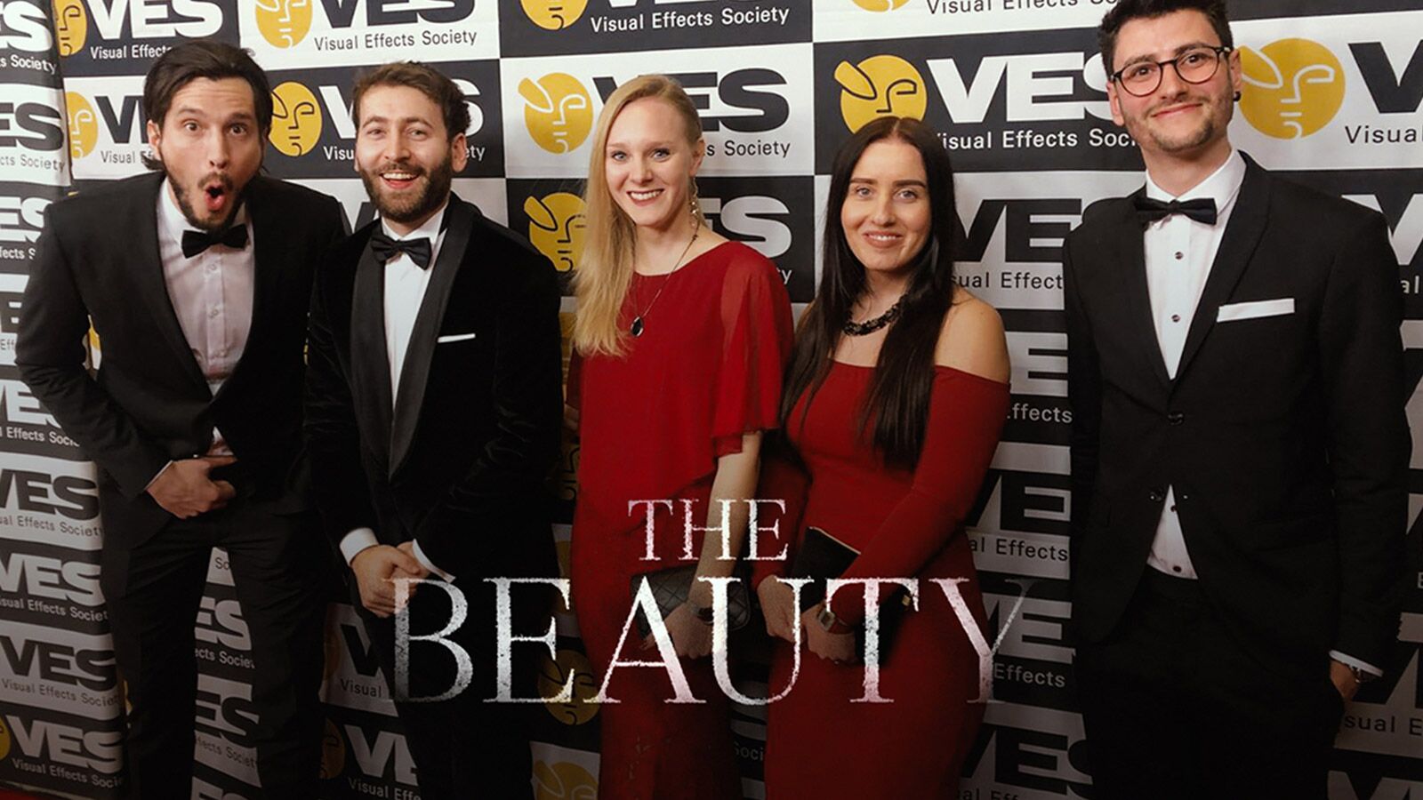 Five people in front of the VES Awards photo call wal