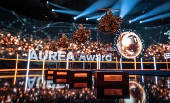 Award trophies arrayed